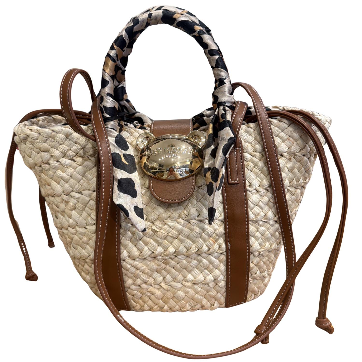 Rue Madam Paris - Borsa a mano in paglia con dettagli leopardati nei manici, Beige e Nero