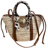 Rue Madam Paris - Borsa a mano in paglia con dettagli leopardati nei manici, Beige e Nero