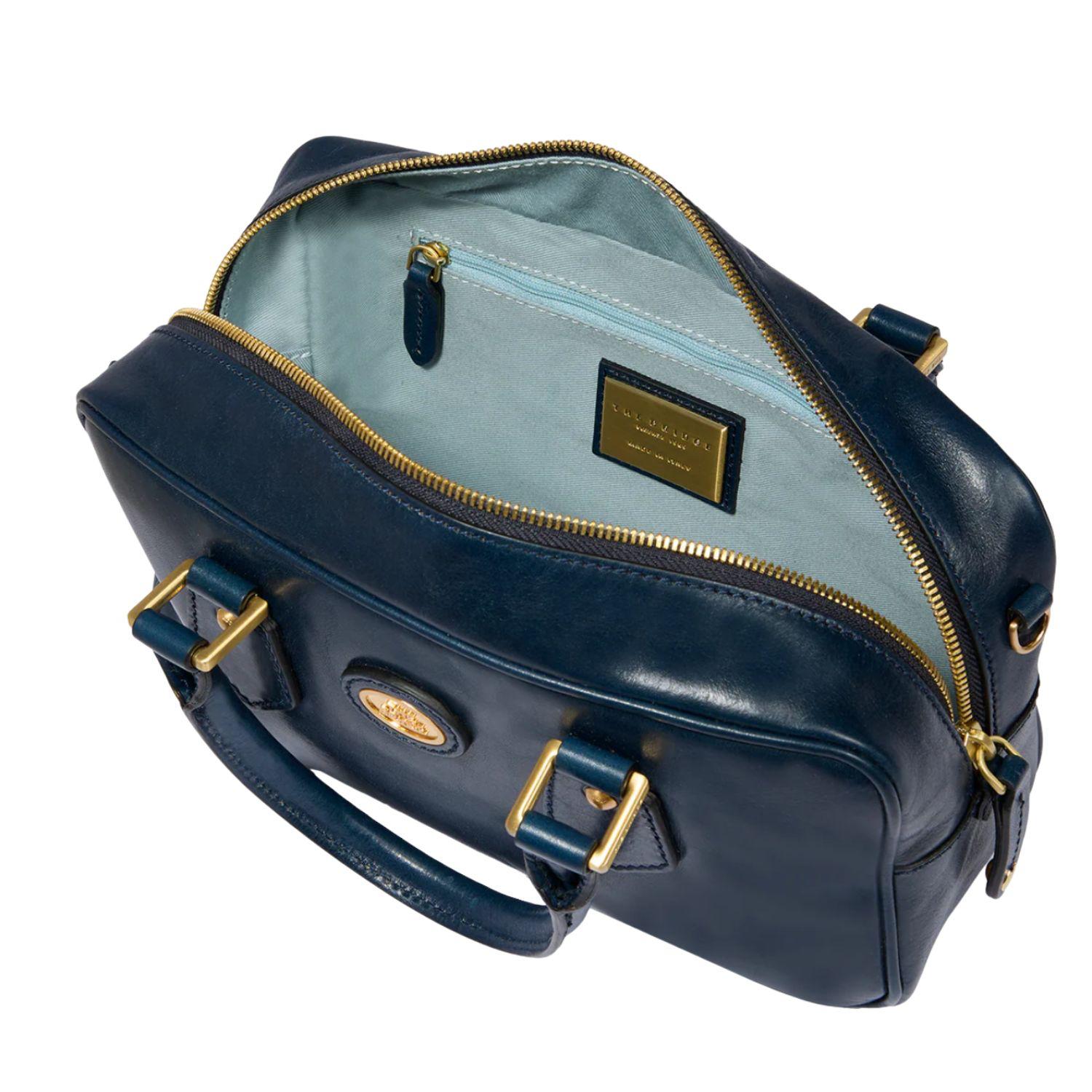 Bauletto medio in pelle con tracolla removibile, Blu Oltremare