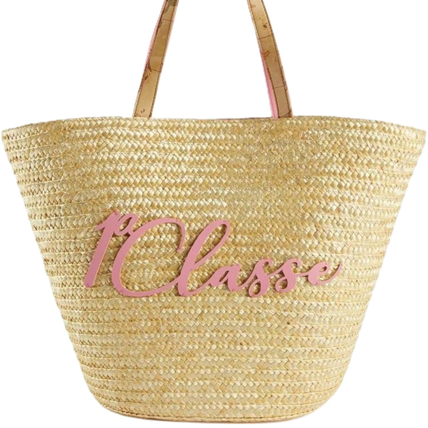 ALVIERO MARTINI - Shopper grande in paglia con scritta Logo bubble pink, Beige 