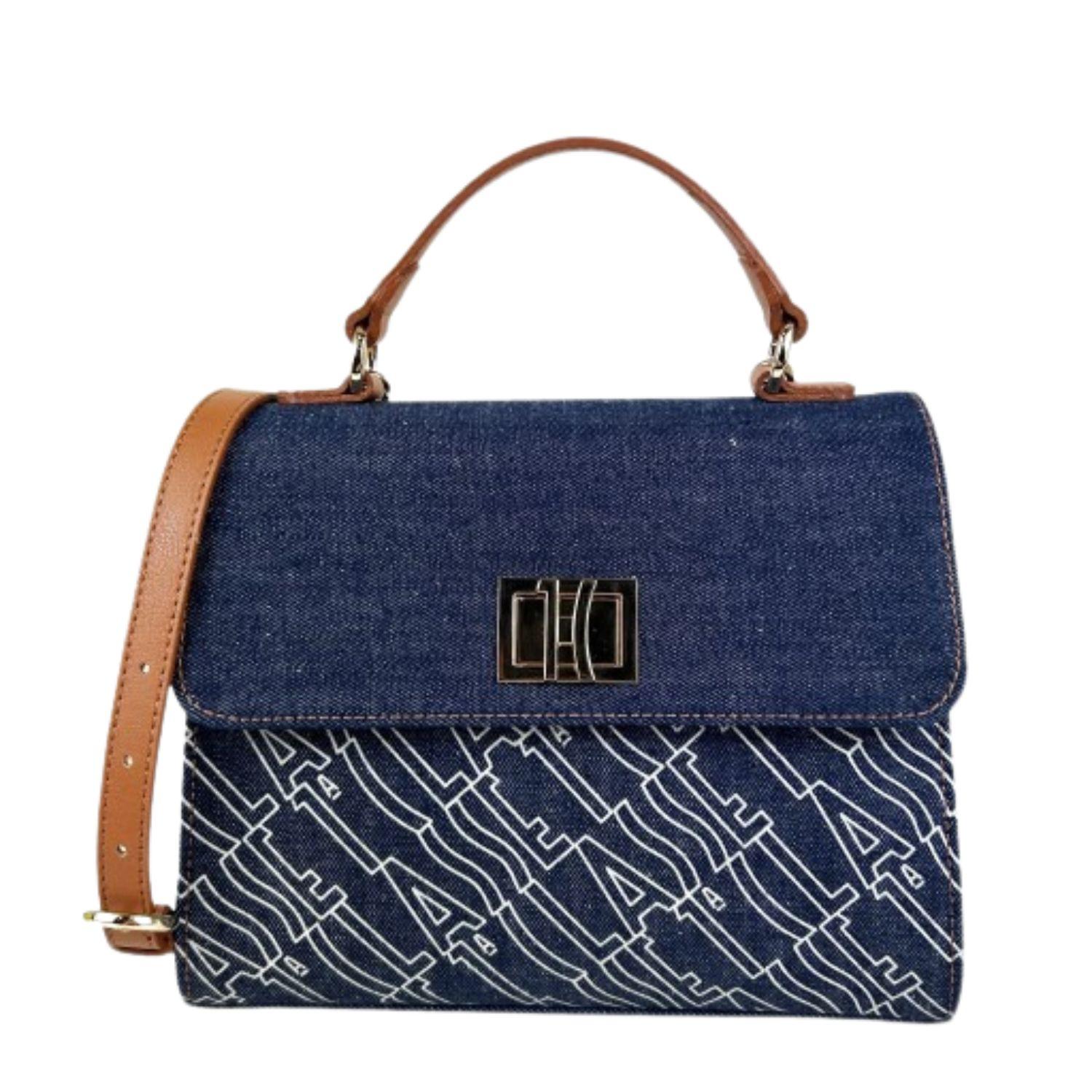 ALVIERO MARTINI - Borsa in denim logato con patta e tracolla, Blue Jeans