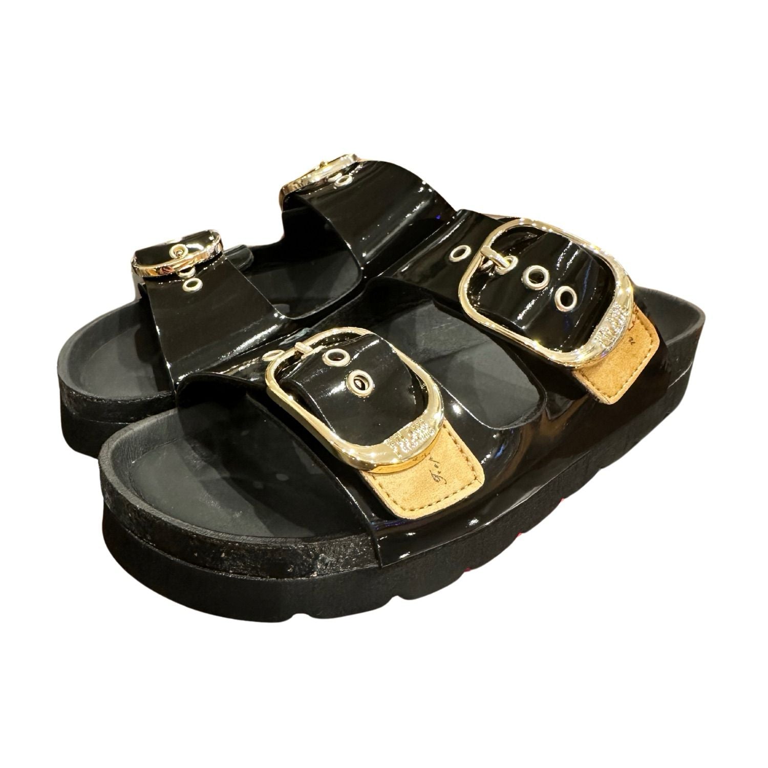 ALVIERO MARTINI - N.39 Ciabatta slipper doppia fibbia, Nero Lucido