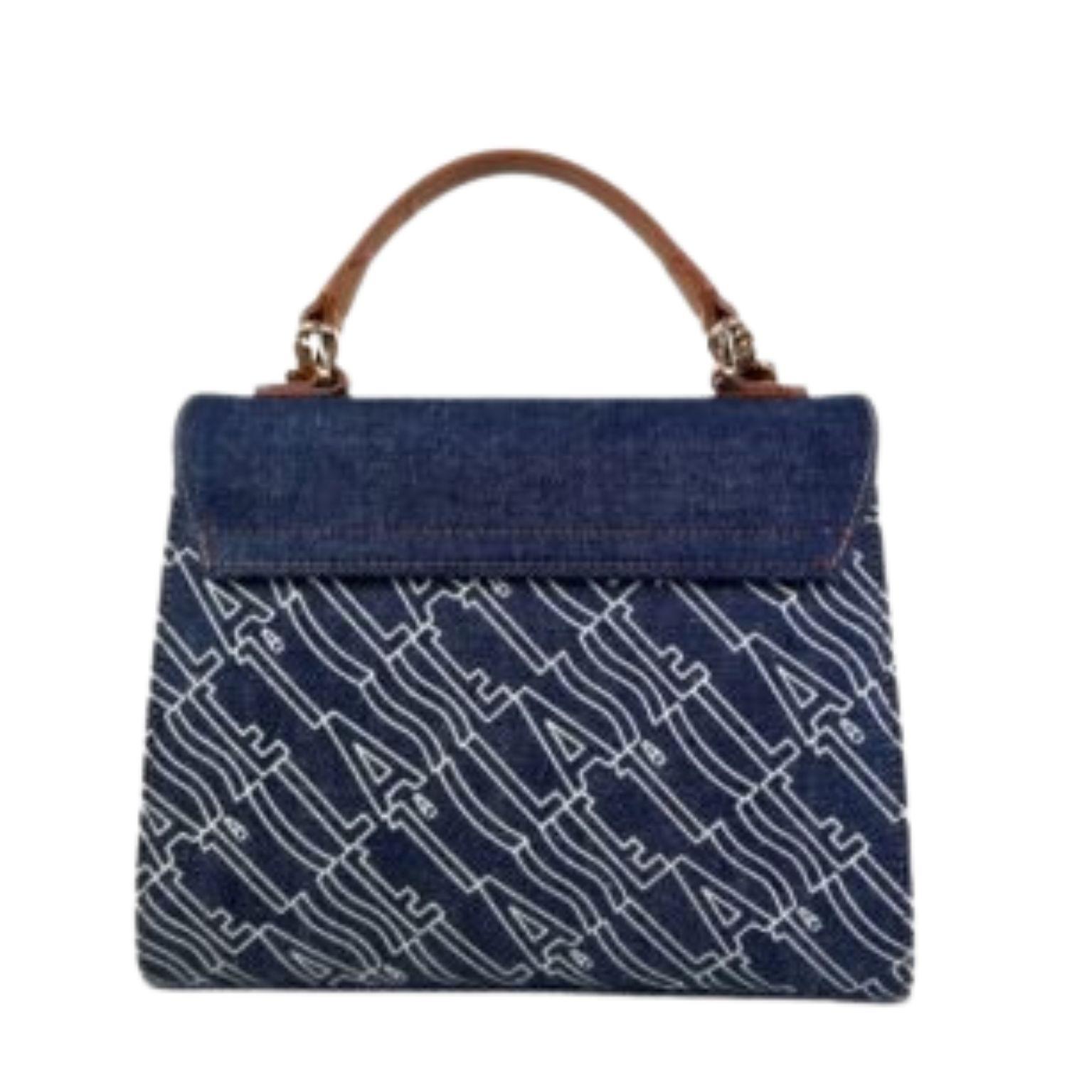 ALVIERO MARTINI - Borsa in denim logato con patta e tracolla, Blue Jeans