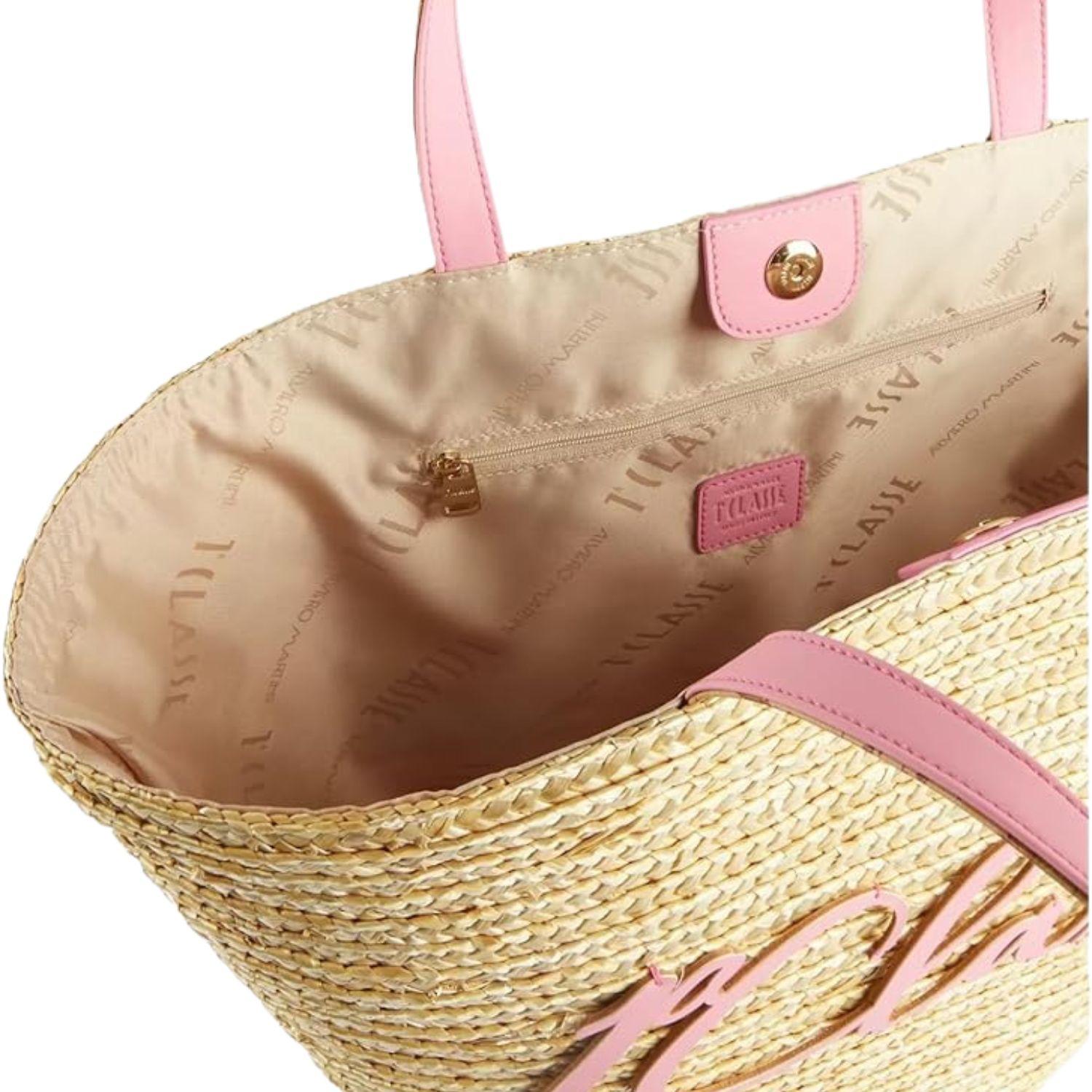 ALVIERO MARTINI - Shopper grande in paglia con scritta Logo bubble pink, Beige 